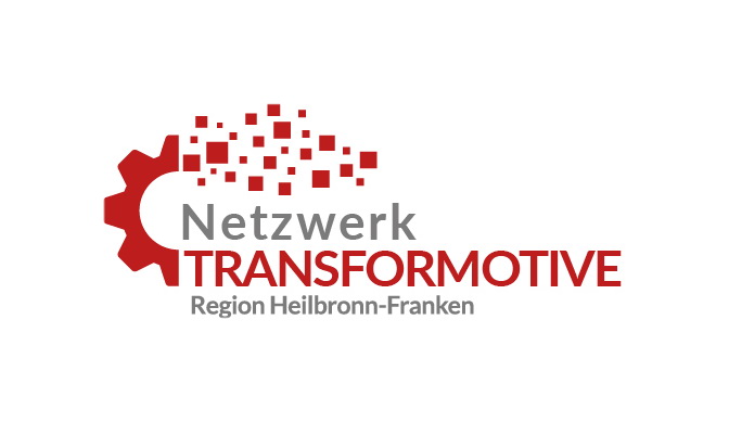Logo des Netzwerks Transformotive. Grau-rote Schrift: Region Heilbronn-Franken