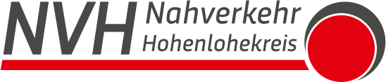 Logo des Nahverkehrs Hohenlohe. Graue Schrift: NVH. Rote Linie + Punkt