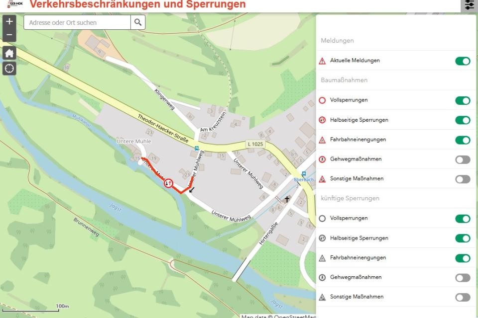 Karte mit Straßensperrungen, rechts ist eine Legende