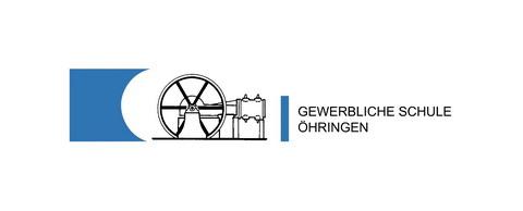 Logo der Gewerblichen Schule Öhringen. Schwarze Schrift, links Dampfmaschine, blaue Elemente