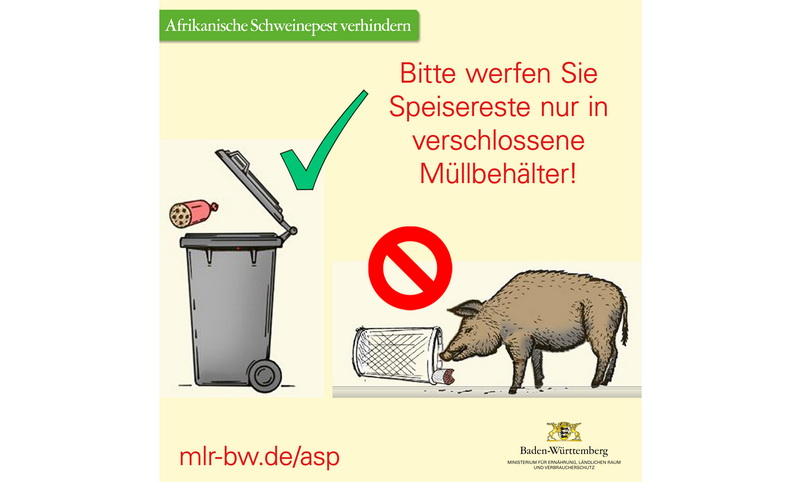 Symbolisches Hinweisbild mit Wilschwein und Mülleimer