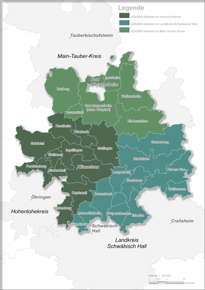 Karte in verschiedenen Grüntönen mit der Einteilung der LEADER-Region