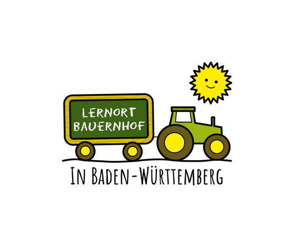 Logo Lernort Bauernhof: Ein Traktor mit Anhänger, Sonne