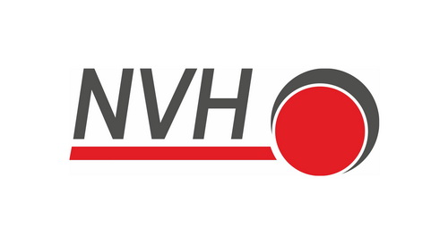 Logo des Nahverkehrs Hohenlohe. Graue Schrift: NVH. Rote Linie + Punkt