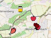 Landkarte mit Symbolen wie Äpfeln und Marmelade, die die Direktvermarkter anzeigen.